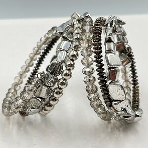 Vintage Y2K Silver Tone Multi-Row Coil Memory Wire Wrap Bracelet Clear Crystal